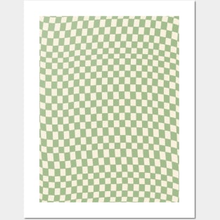 Green and Cream Distorted Warped Checkerboard Pattern III Posters and Art